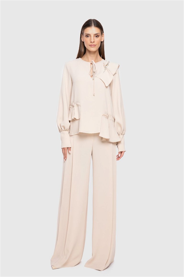  GIZIA - With Embroidery And Flywheel Detail Beige Crepe Blouse