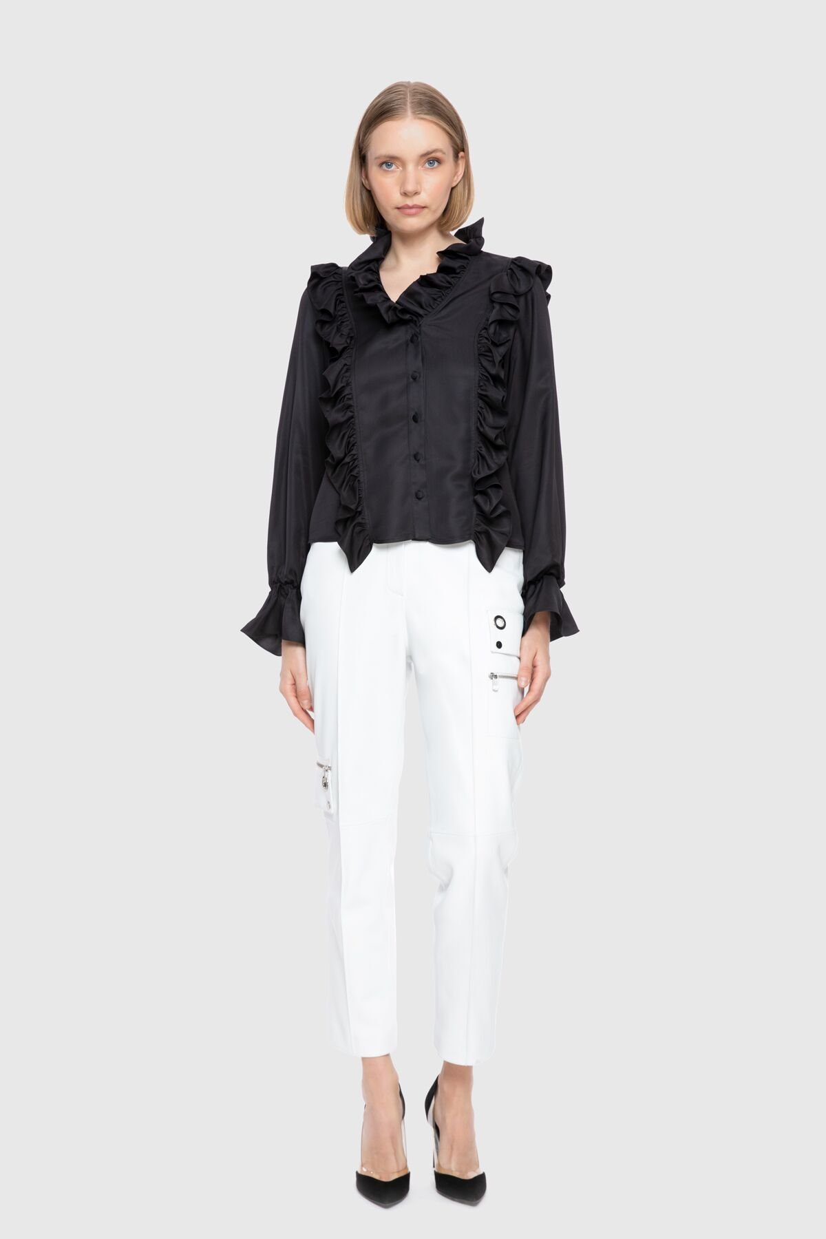 With Pleat Detailed Collar And Edges Black Shirt
