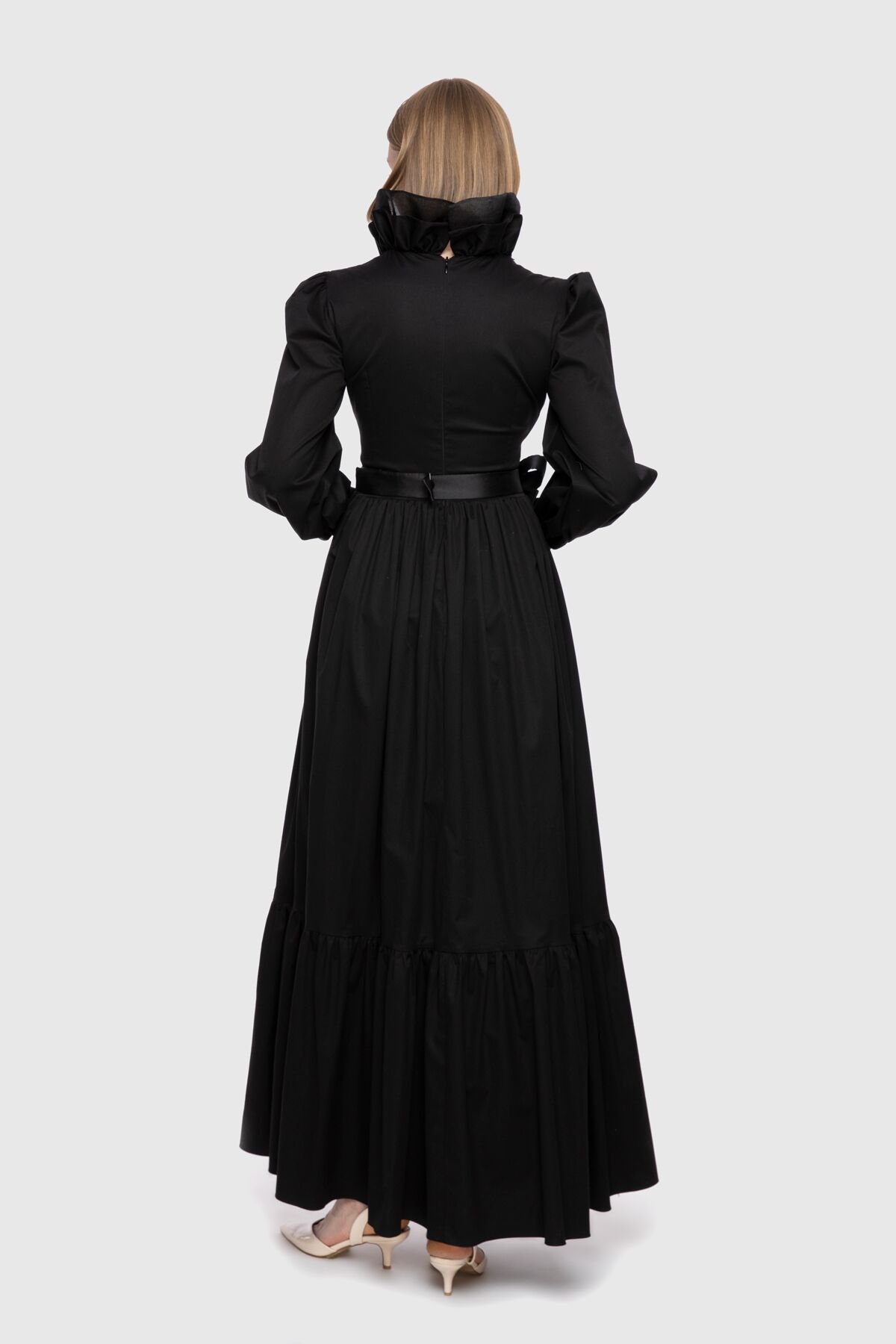Front Frill And Accessory Detail Long Black Dress