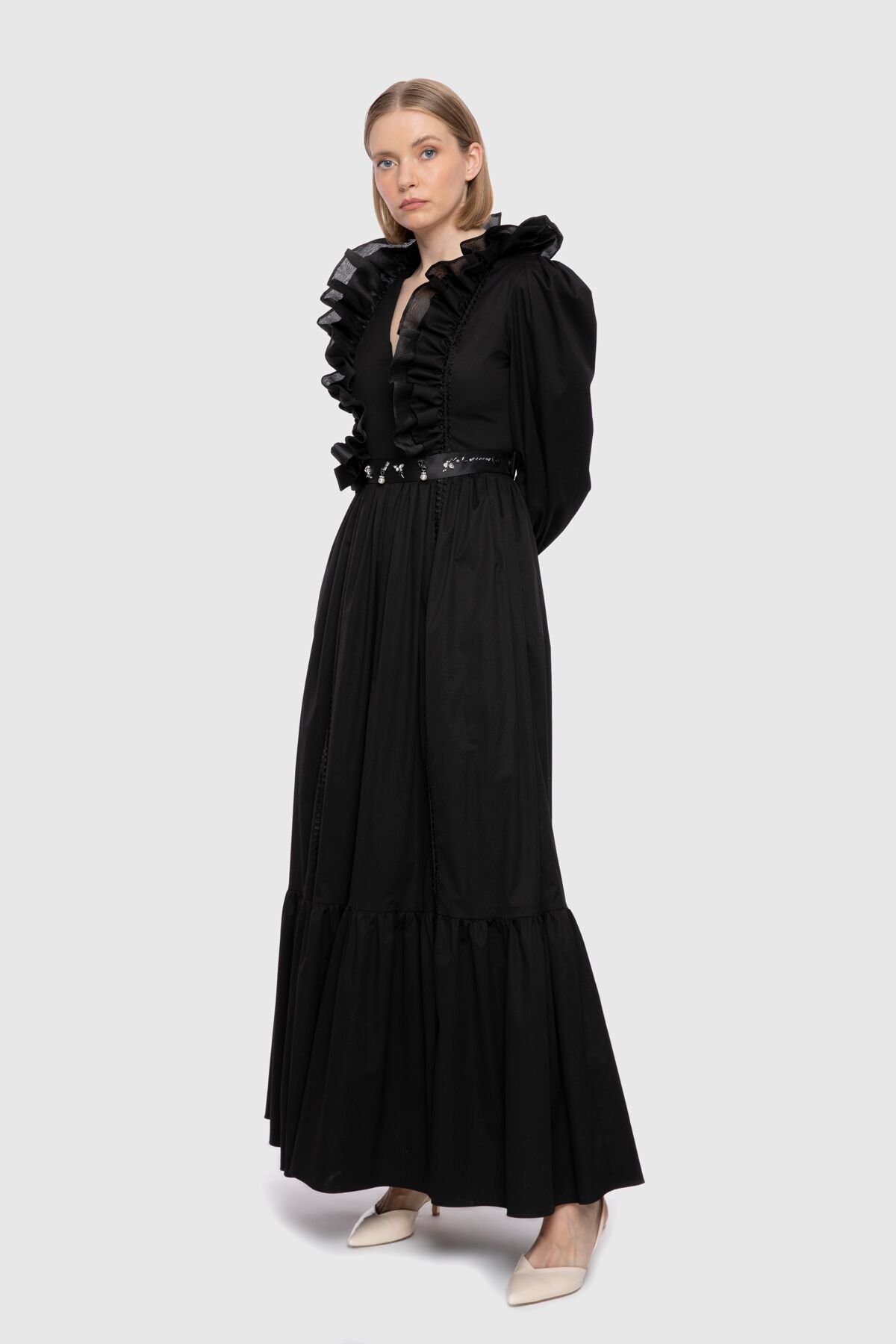 Front Frill And Accessory Detail Long Black Dress