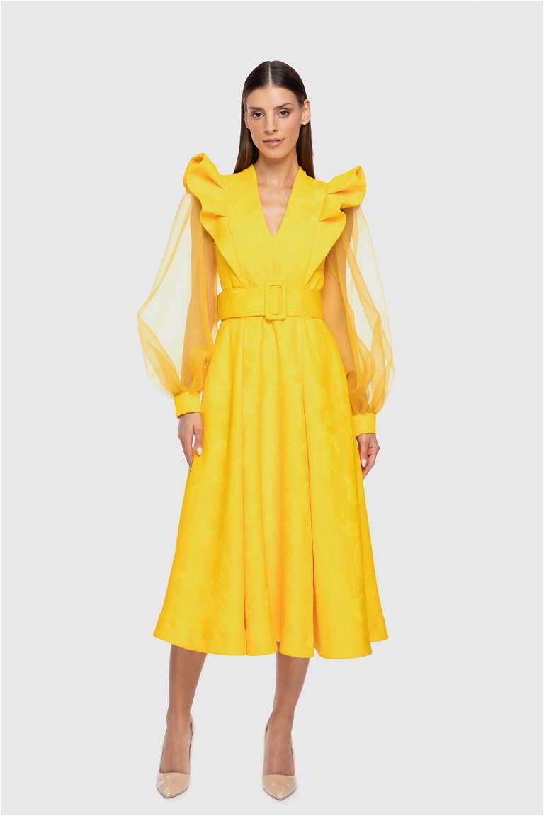 GIZIA - فستان أصفر متوسط الطول مزين بالتول على مستوى الأكمام