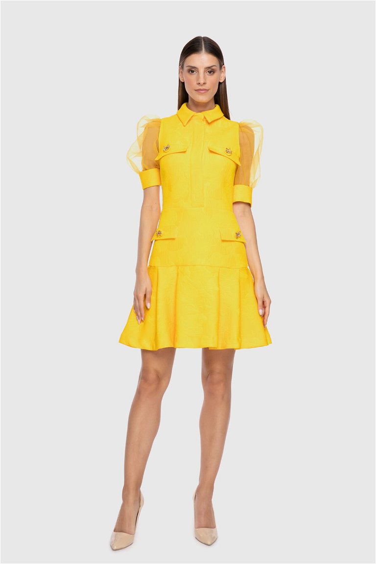 GIZIA - فستان أصفر قصير مزين بالتول على مستوى الأكمام