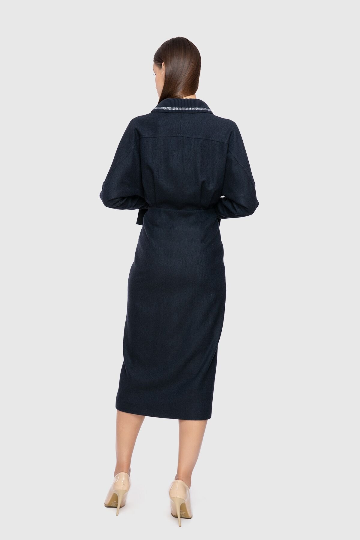 Embroidered Collar Detailed Wool Fabric Midi Length Navy Blue Dress