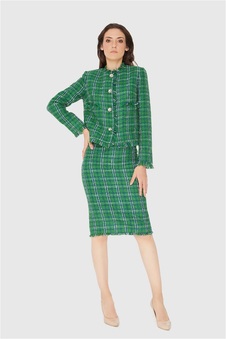 4G CLASSIC - Stone Button Detailed Checkered Tweed Green Suit