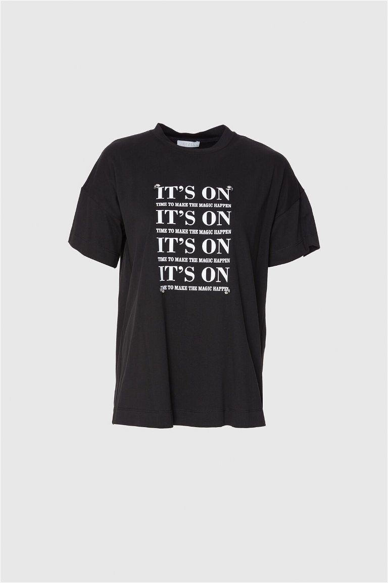GIZIA - Slogan Yazı Baskılı İşleme Detaylı Oversıze Siyah T-Shirt
