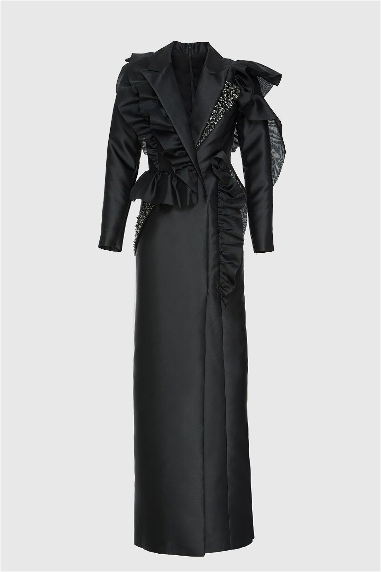 GIZIA - Ruffle And Stone Detailed V Neck Long Black Evening Dress
