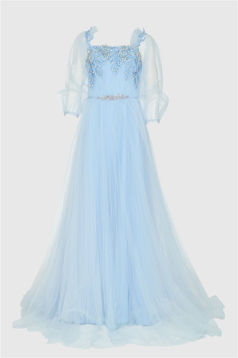 GIZIA - Stone And Tulle Detailed Sleeves Transparent Long Blue Evening Dress
