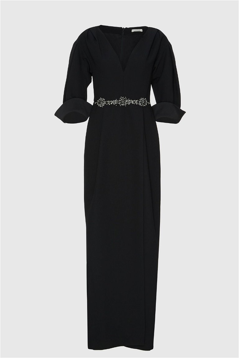GIZIA - Stone Embroidered Long Black Dress