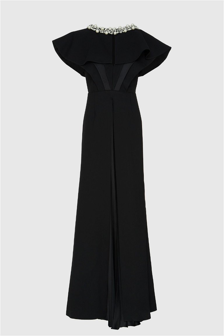 GIZIA - Belt Part Embroidery Peplum Detailed Long Black Evening Dress
