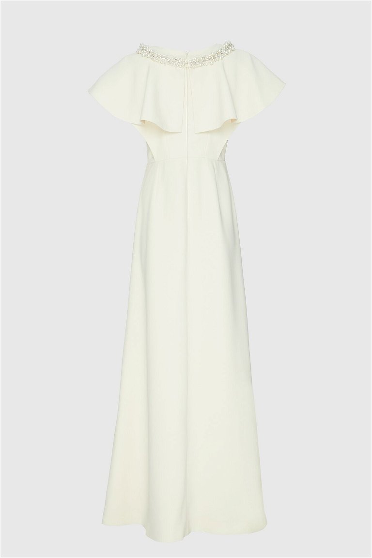  GIZIA - Kemer Kısmı İşleme Peplum Detaylı Uzun Bej Gece Elbisesi