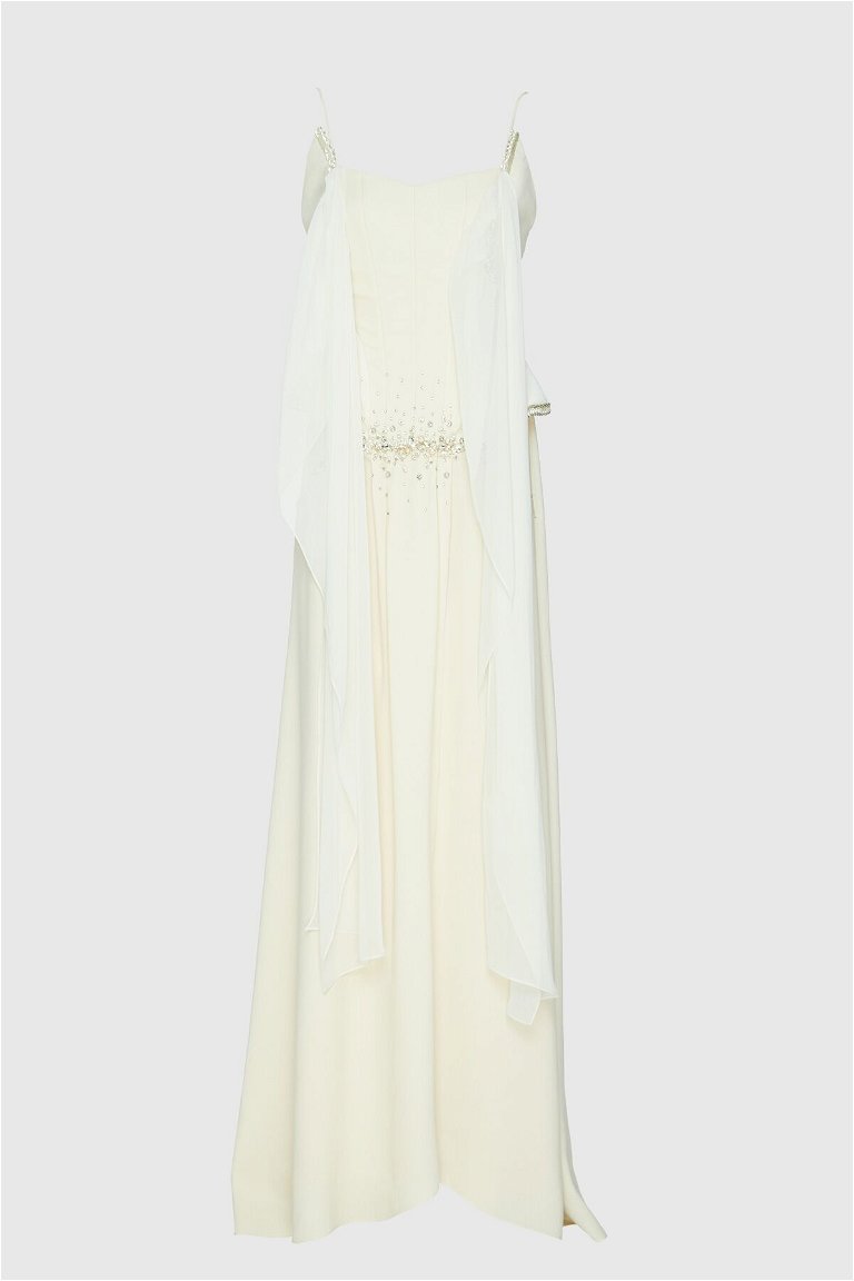 GIZIA - Cup Detailed Embroidered Long Beige Evening Dress
