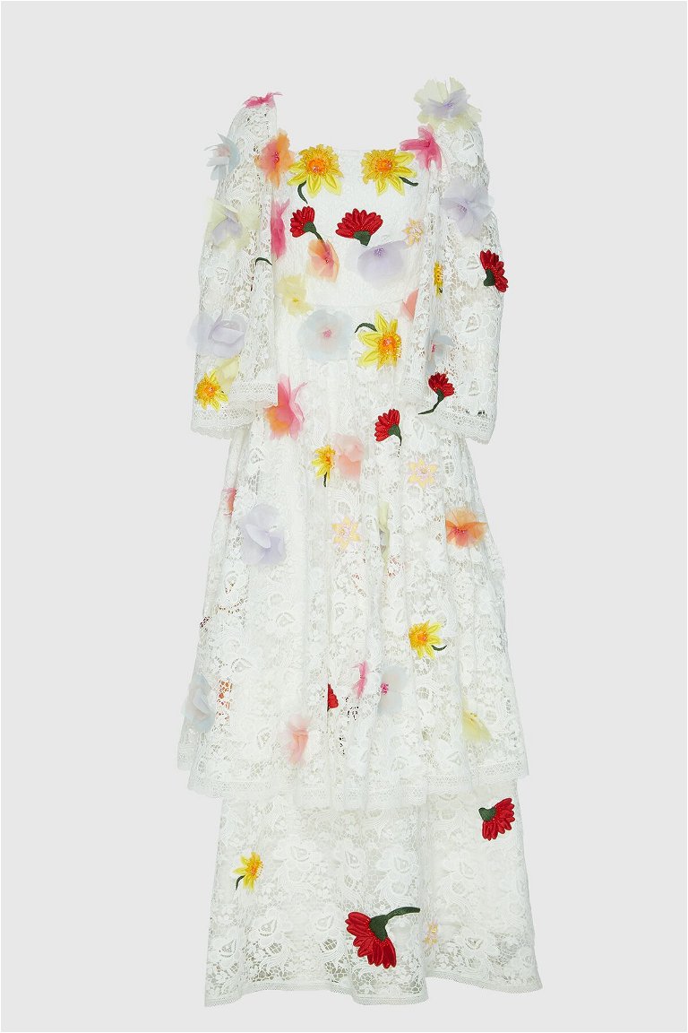 GIZIA - Applique Flower Detailed Long Ecru Dress