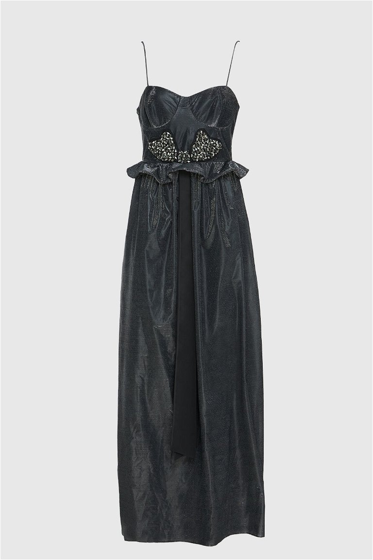 GIZIA - Strap Embroidered Detailed Long Gray Dress