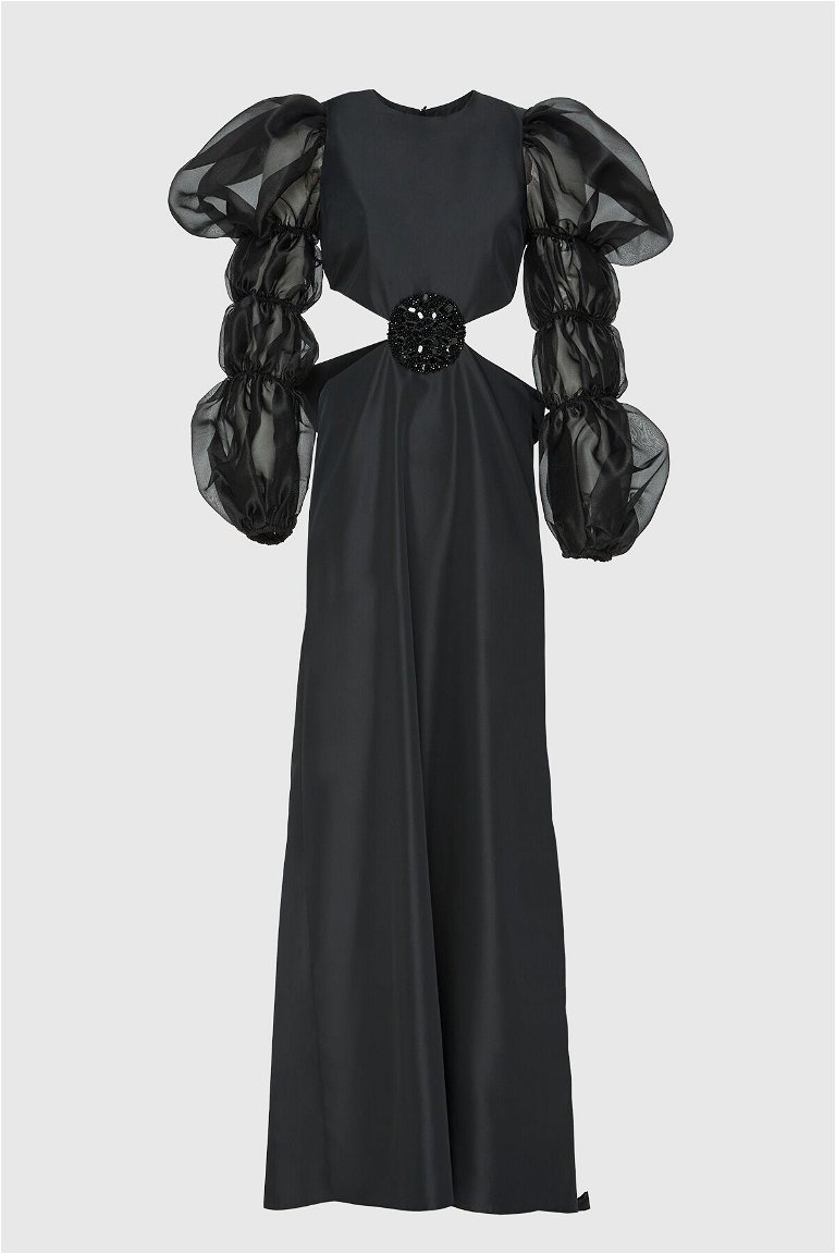 GIZIA - Beli Dekolte ve İşleme Detaylı Siyah Uzun Elbise