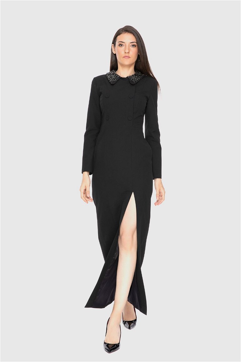 GIZIA - Long Jacket Look Slit Dress With Embroidered Collar