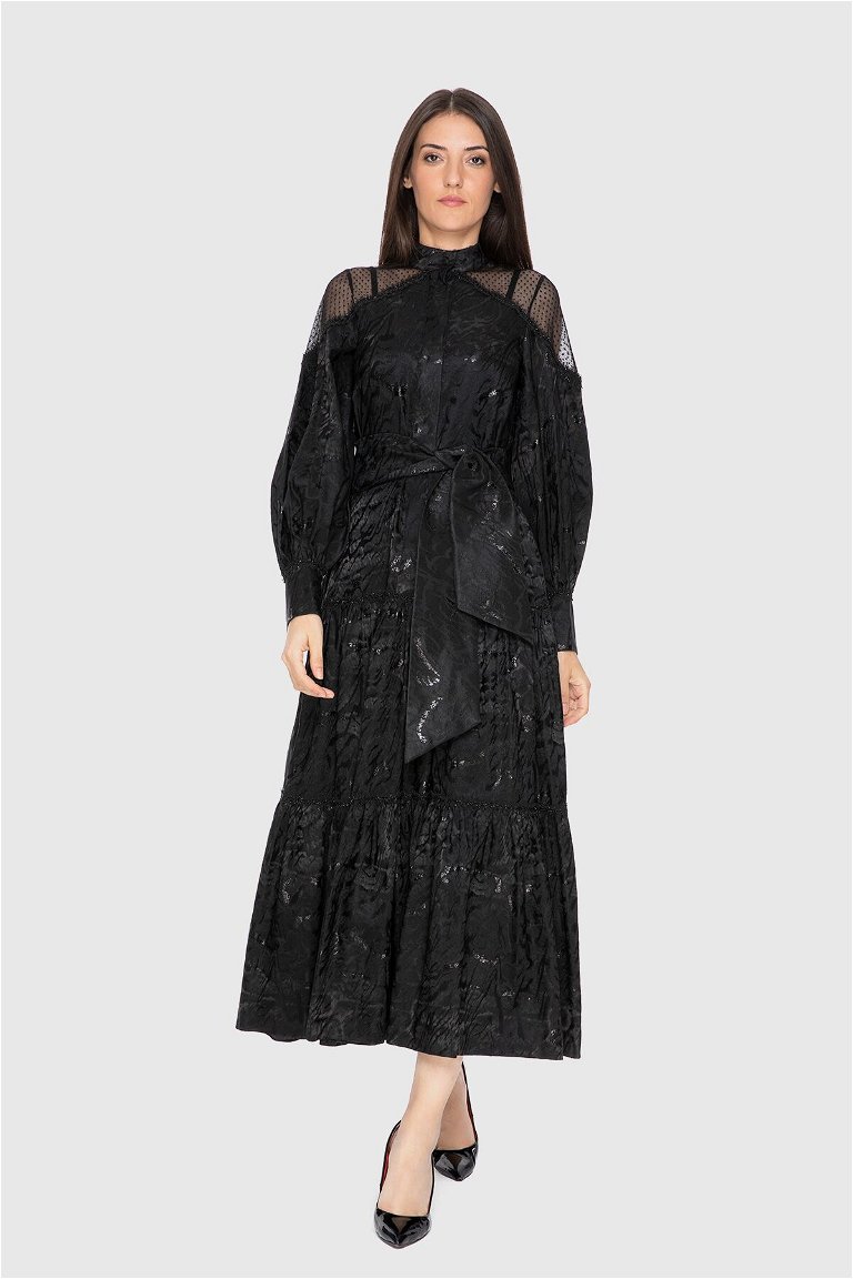 GIZIA - Embroidered Black Midi Evening Dress