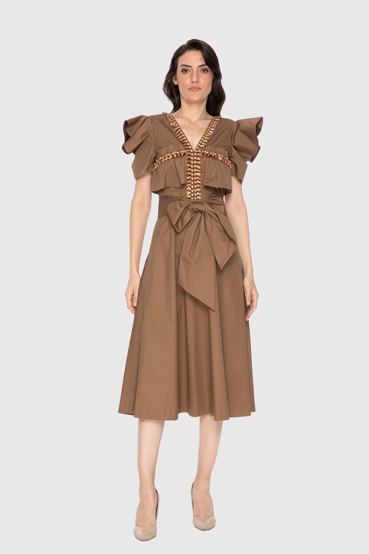 Stripe And Tassel Detail Embroidered Poplin Midi Length Brown Dress