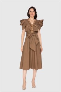 GIZIA - Stripe And Tassel Detail Embroidered Poplin Midi Length Brown Dress 