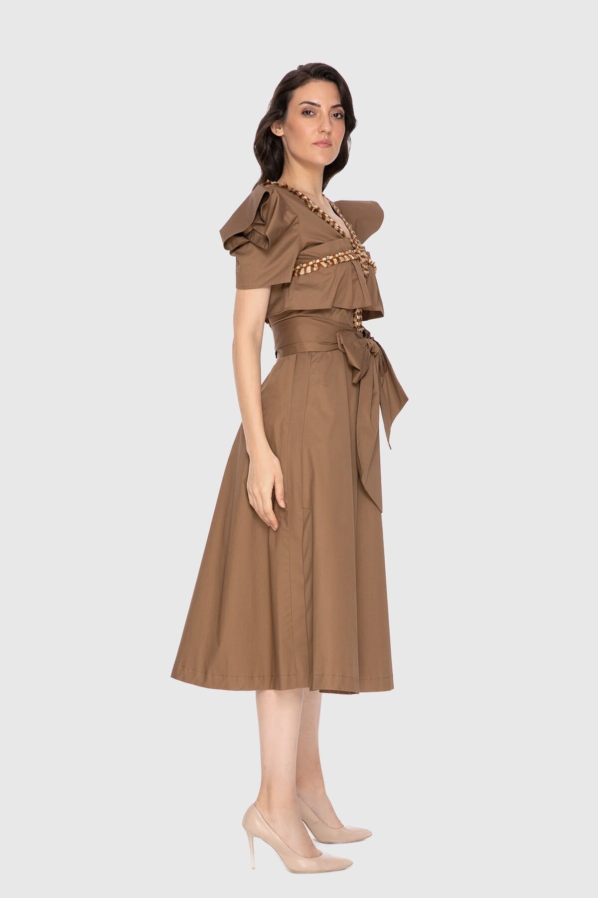 Stripe And Tassel Detail Embroidered Poplin Midi Length Brown Dress
