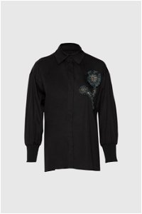 GIZIA - Nakış Ve İşlemeli Kolları Trikolu Oversize Siyah Gömlek
