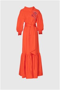 GIZIA - Aplike Nakış İşlemeli Uzun Kırmızı Poplin Elbise