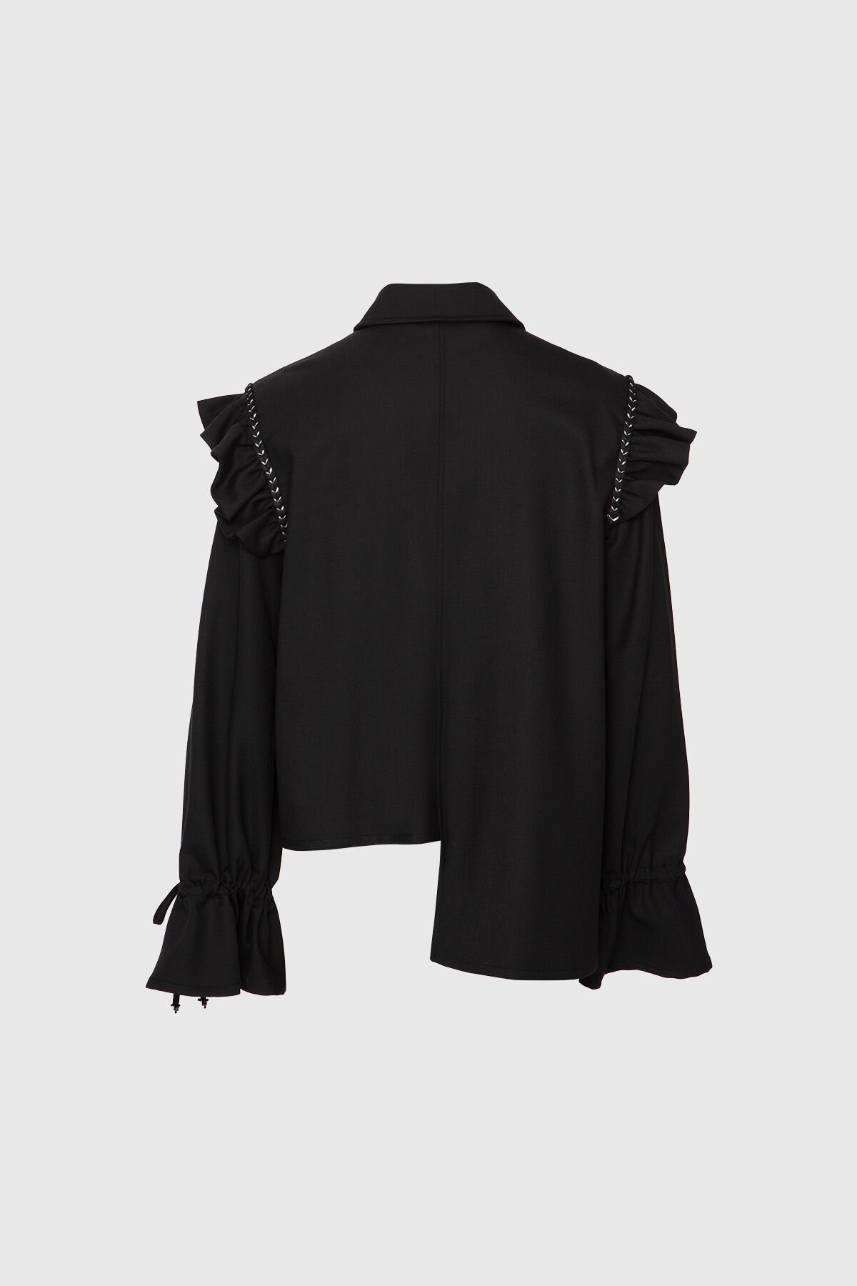 Asymmetrical Cut Black Shirt with Flywheel Detail on the Sleeves