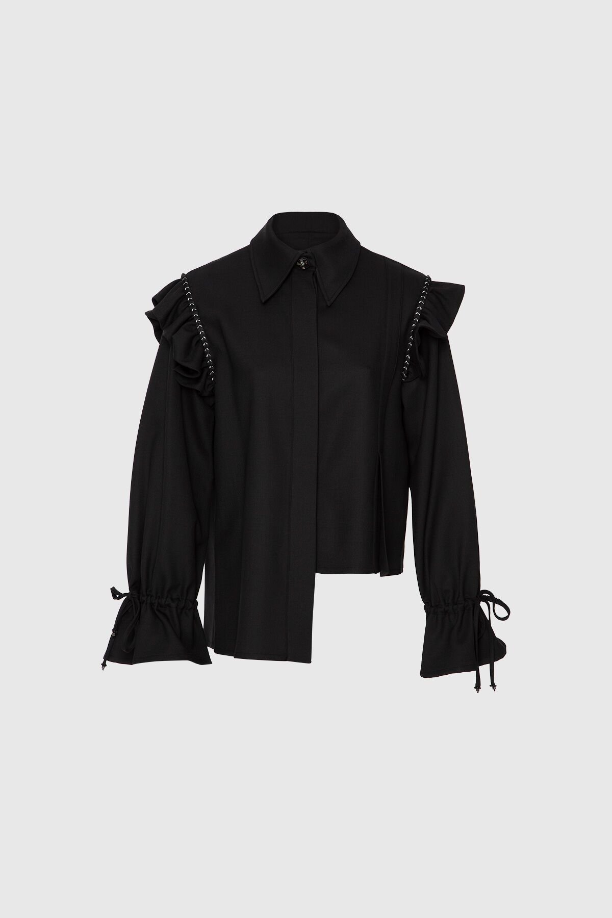 Asymmetrical Cut Black Shirt with Flywheel Detail on the Sleeves