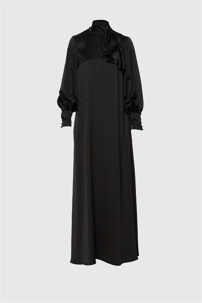 GIZIA - Volan Detaylı Dökümlü Uzun Siyah Elbise