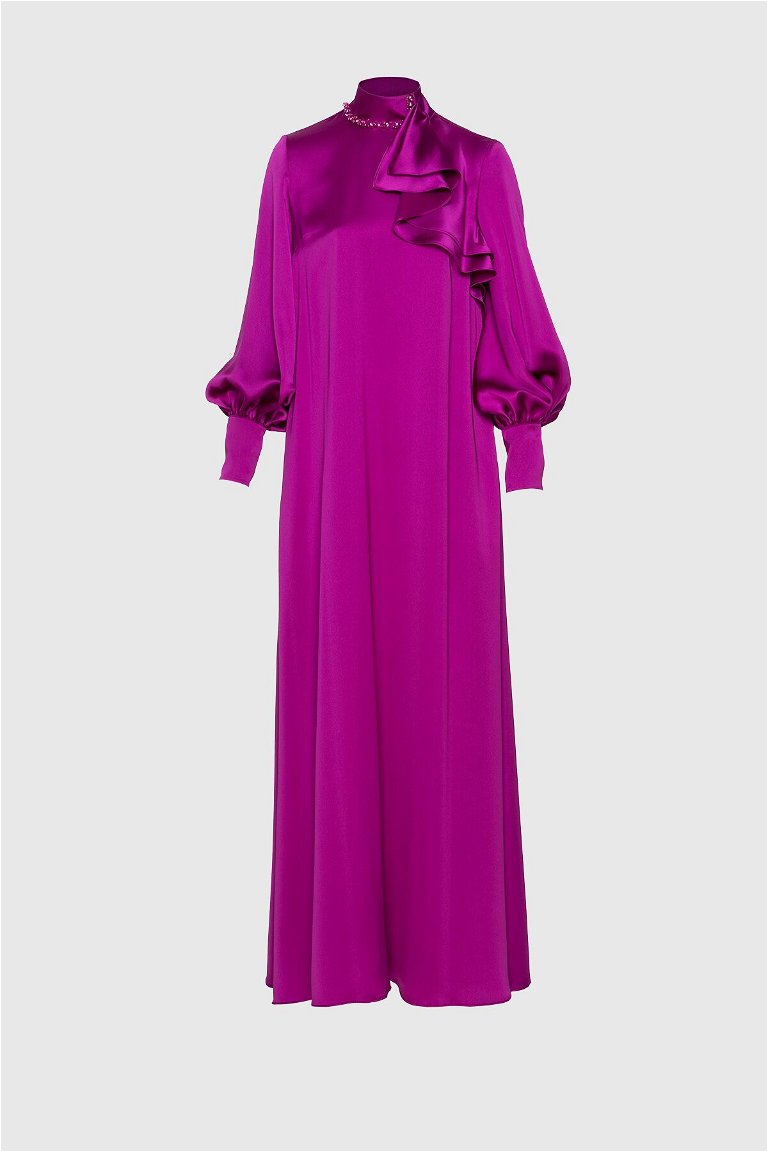 GIZIA - Volan Detaylı Dökümlü Uzun Pembe Elbise