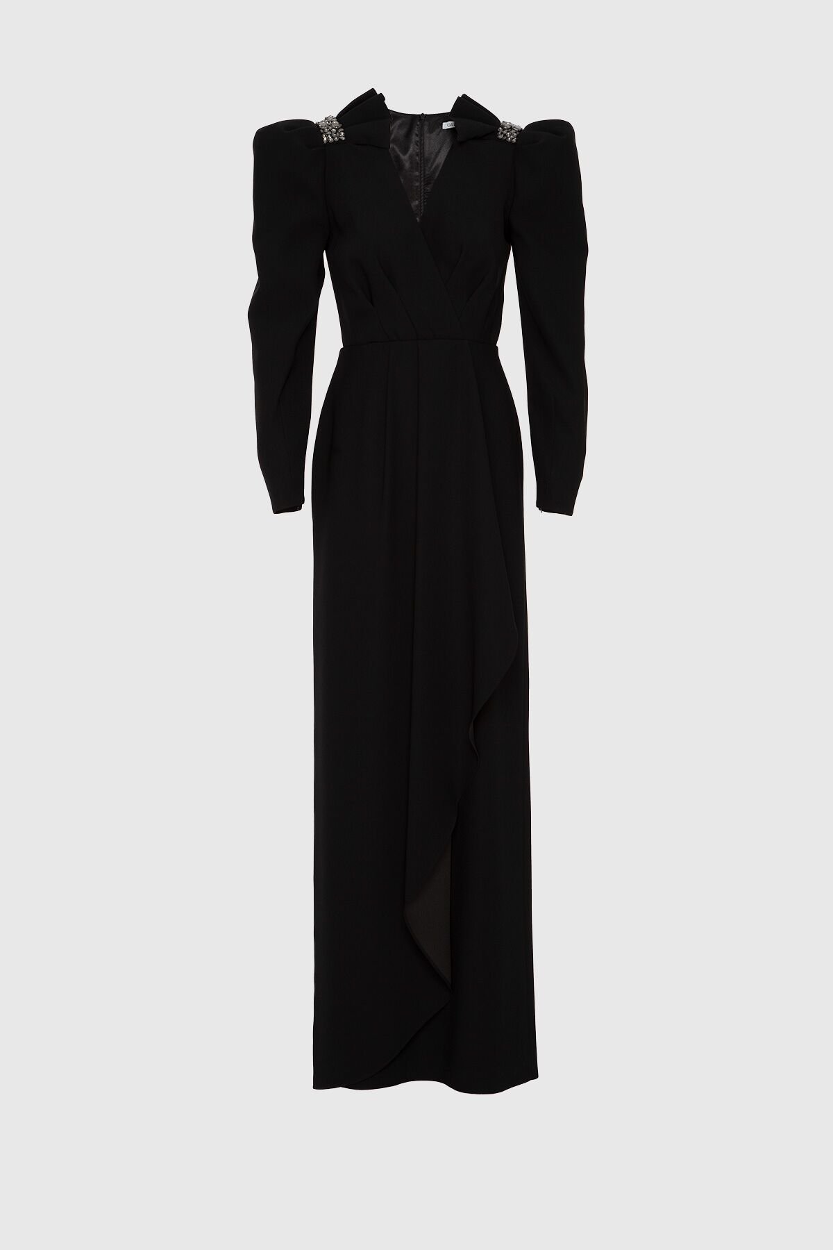Embroidered Detailed V Neck Long Black Evening Dress
