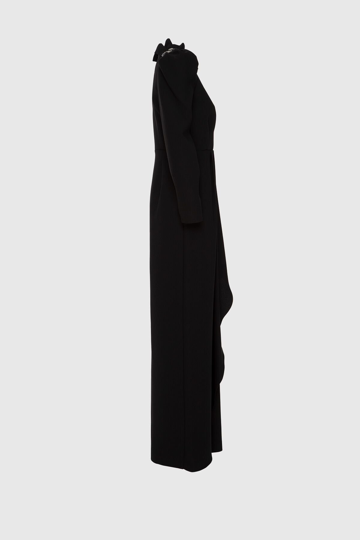 Embroidered Detailed V Neck Long Black Evening Dress