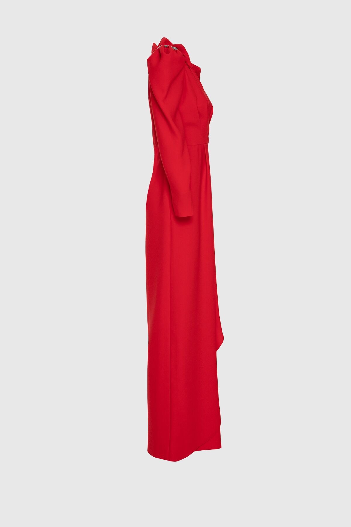 İşleme Detaylı V Yaka Uzun Kırmızı Abiye Elbise