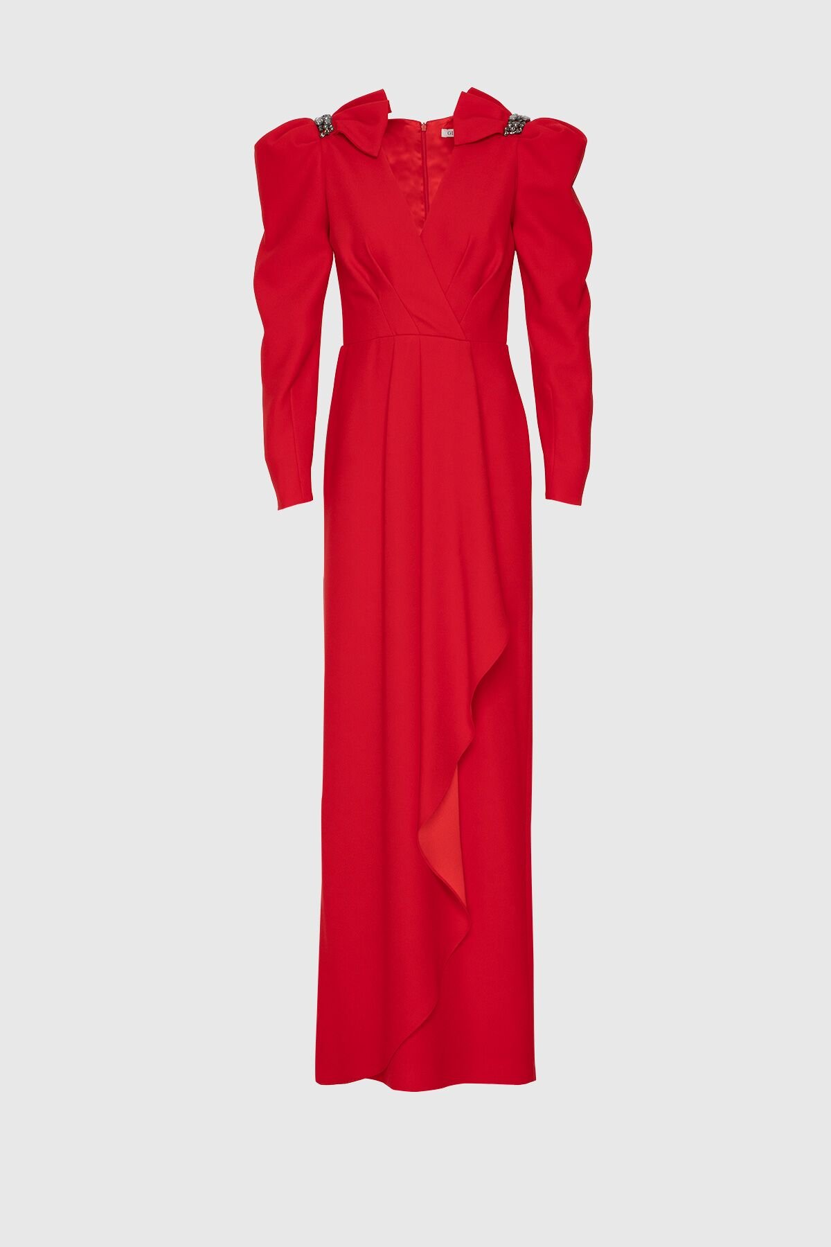 İşleme Detaylı V Yaka Uzun Kırmızı Abiye Elbise