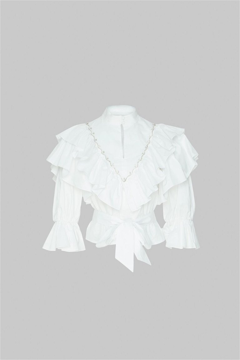 GIZIA - Volan Ve İşleme Detaylı Poplin Beyaz Bluz