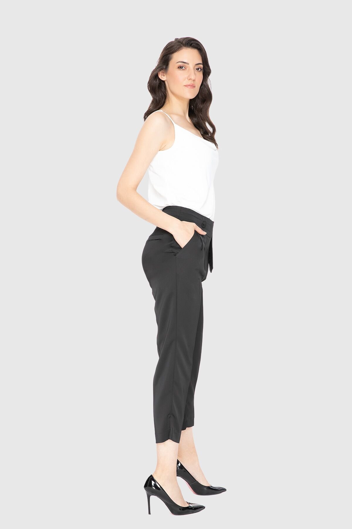 Pleated Ankle Length Black Trousers