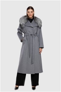 GIZIA - Long Grey Cashmere Coat with Fur Collar