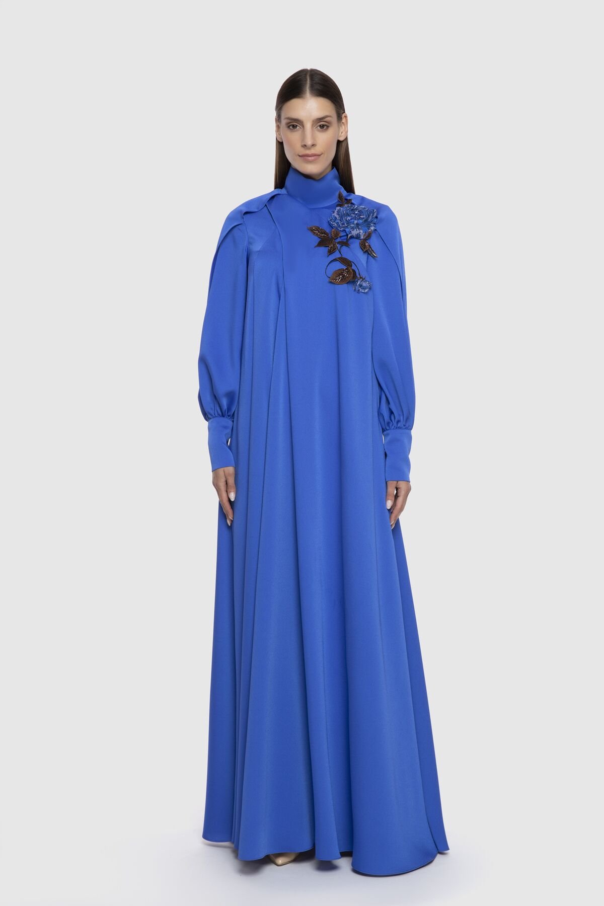 Floral Appliqued Flowy Long Blue Dress