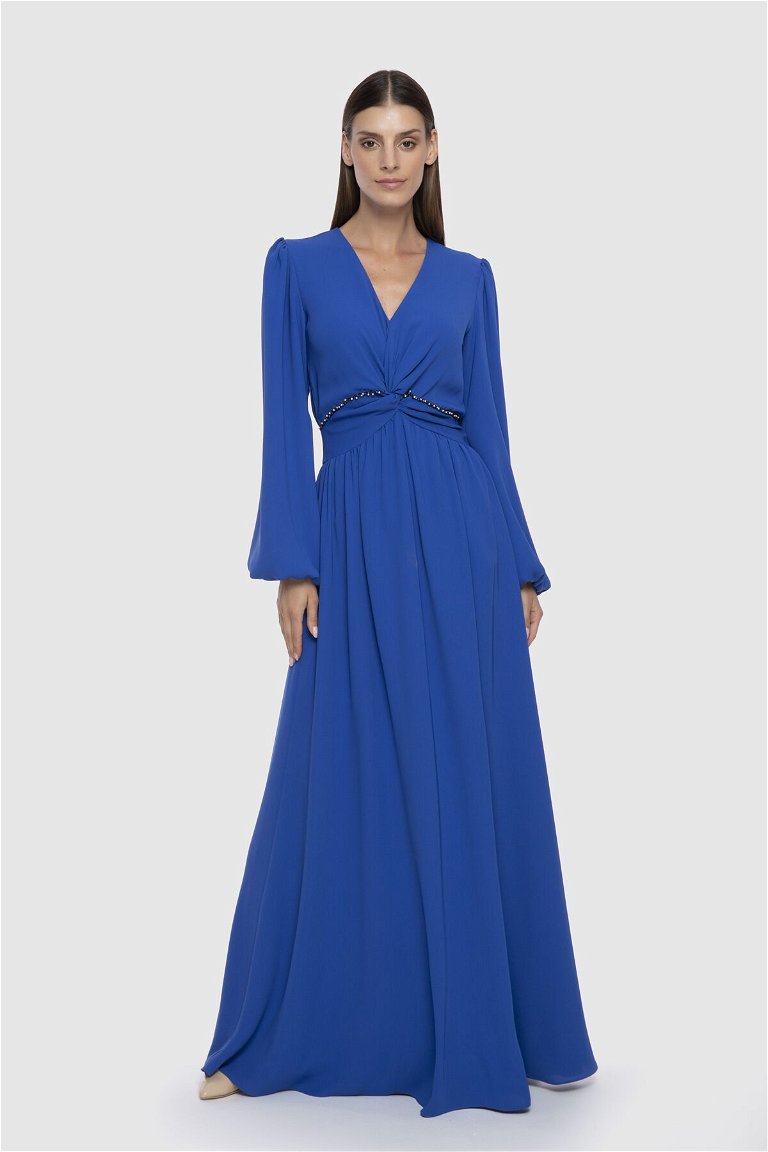 GIZIA - V Yaka Uzun Mavi Elbise