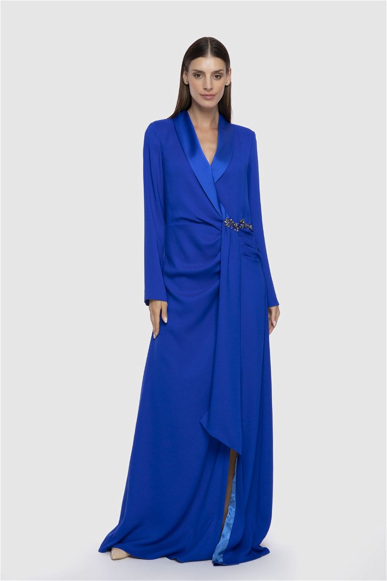 GIZIA - Drape Detaylı İşlemeli Uzun Mavi Elbise