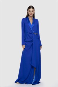 GIZIA - Drape Detaylı İşlemeli Uzun Mavi Abiye Elbise