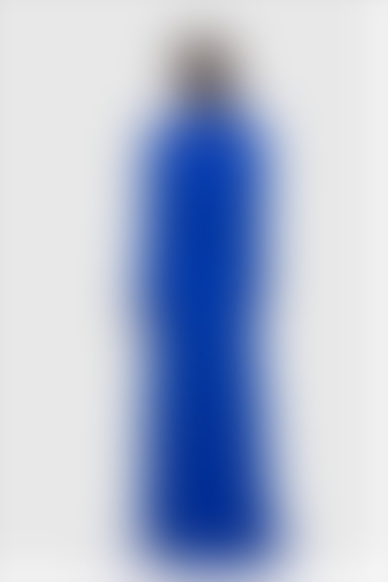 Drape Detaylı İşlemeli Uzun Mavi Abiye Elbise