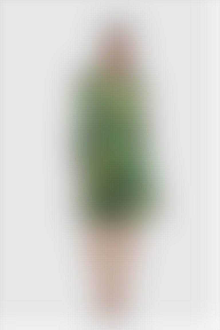 Desenli V Yaka Uzun Kollu Yeşil Mini Abiye Elbise