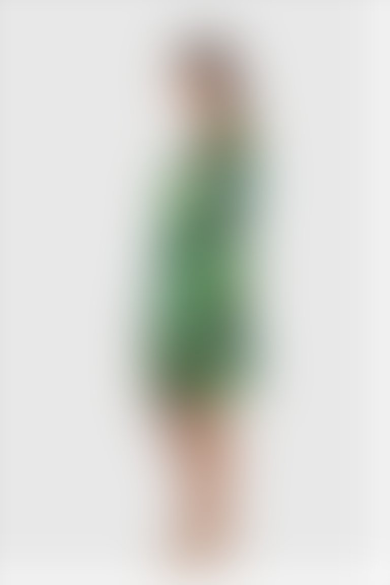 Desenli V Yaka Uzun Kollu Yeşil Mini Abiye Elbise