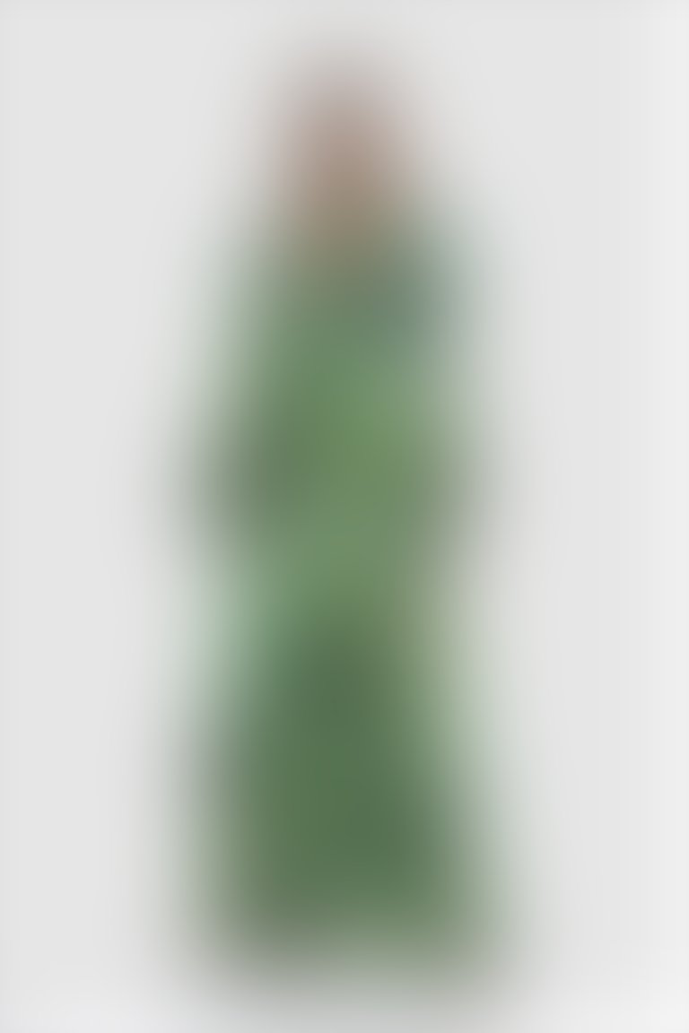 İşleme Detaylı Uzun V Yaka Şifon Yeşil Abiye Elbise