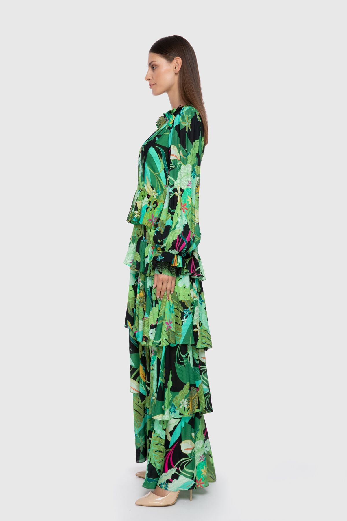 Embroidered Detailed Long Green Chiffon Dress