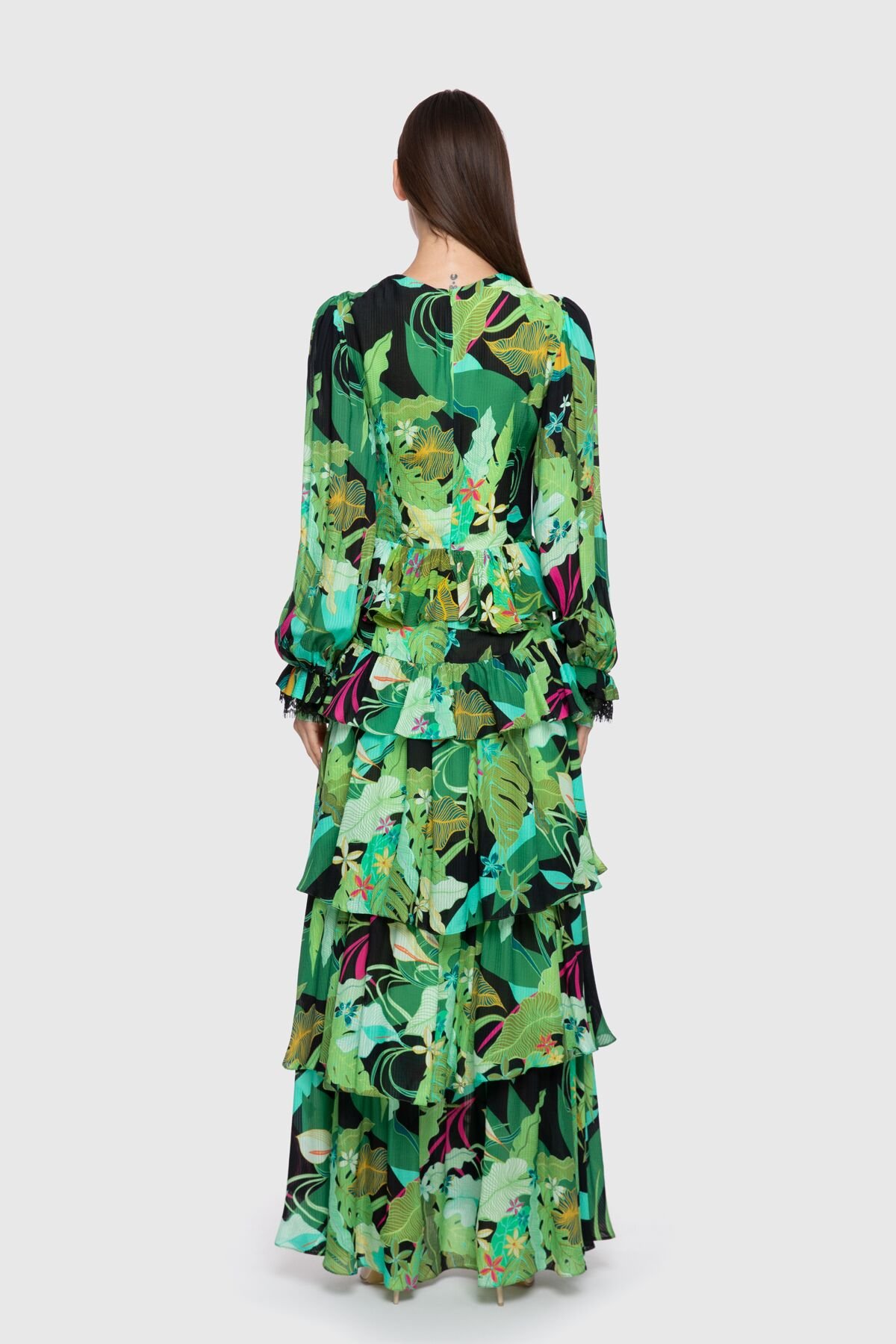 Embroidered Detailed Long Green Chiffon Dress