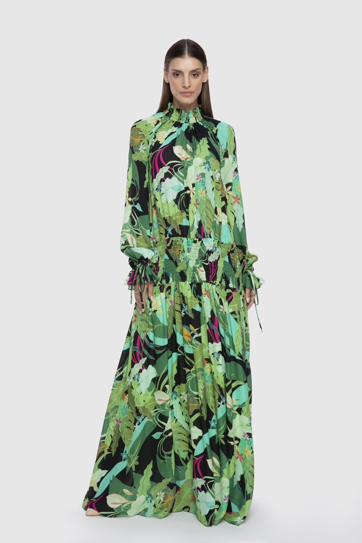 Elastic Detailed Patterned Green Long Dress