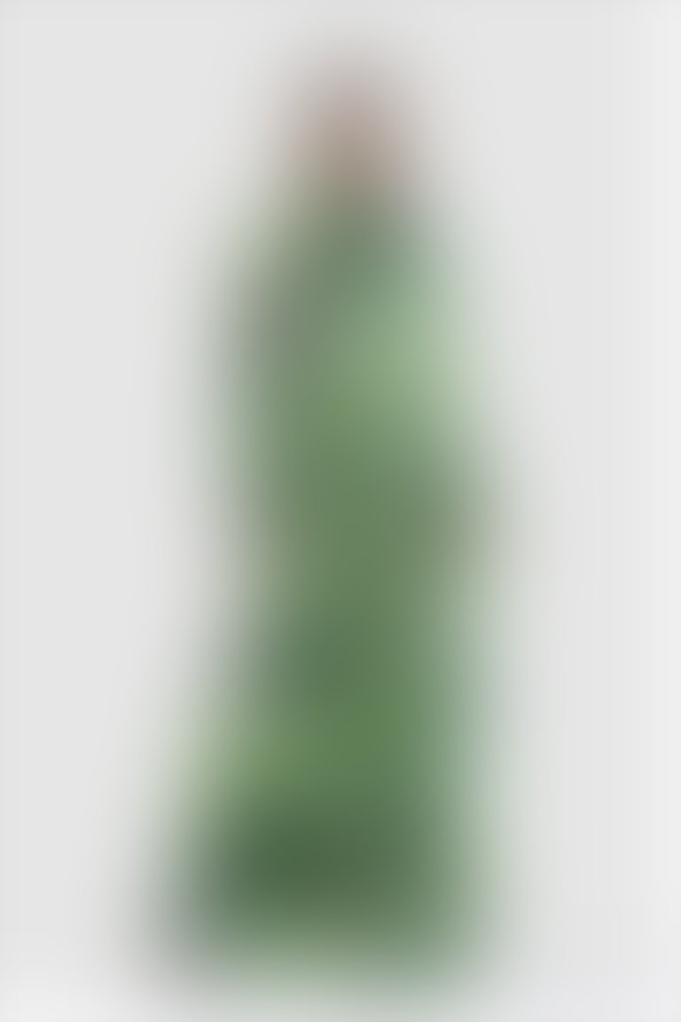Lastik Detaylı Desenli Yeşil Uzun Abiye Elbise