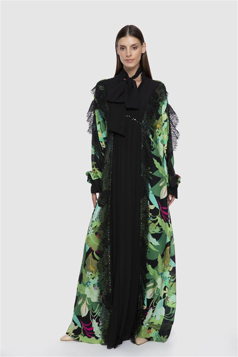 GIZIA - Dantel ve Düz Şifon Garnili İşlemeli Desenli Uzun Yeşil Şifon Elbise