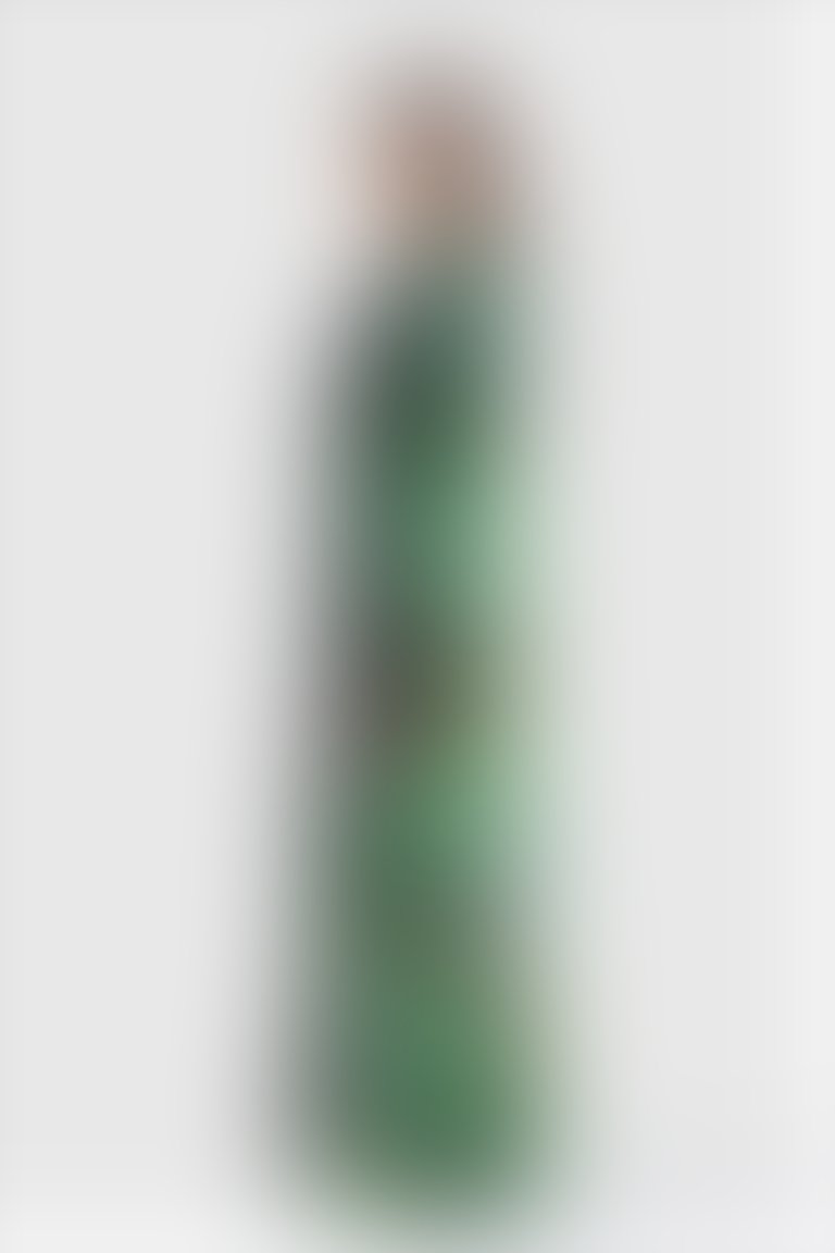 Dantel ve Düz Şifon Garnili İşlemeli Desenli Uzun Yeşil Şifon Abiye Elbise